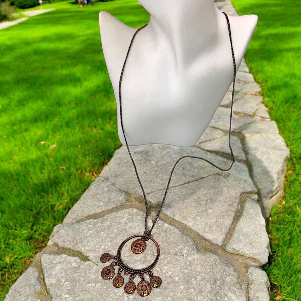 Bronze Boho Hammered Dangle Circle Round Long 34.75 Chain Necklace!